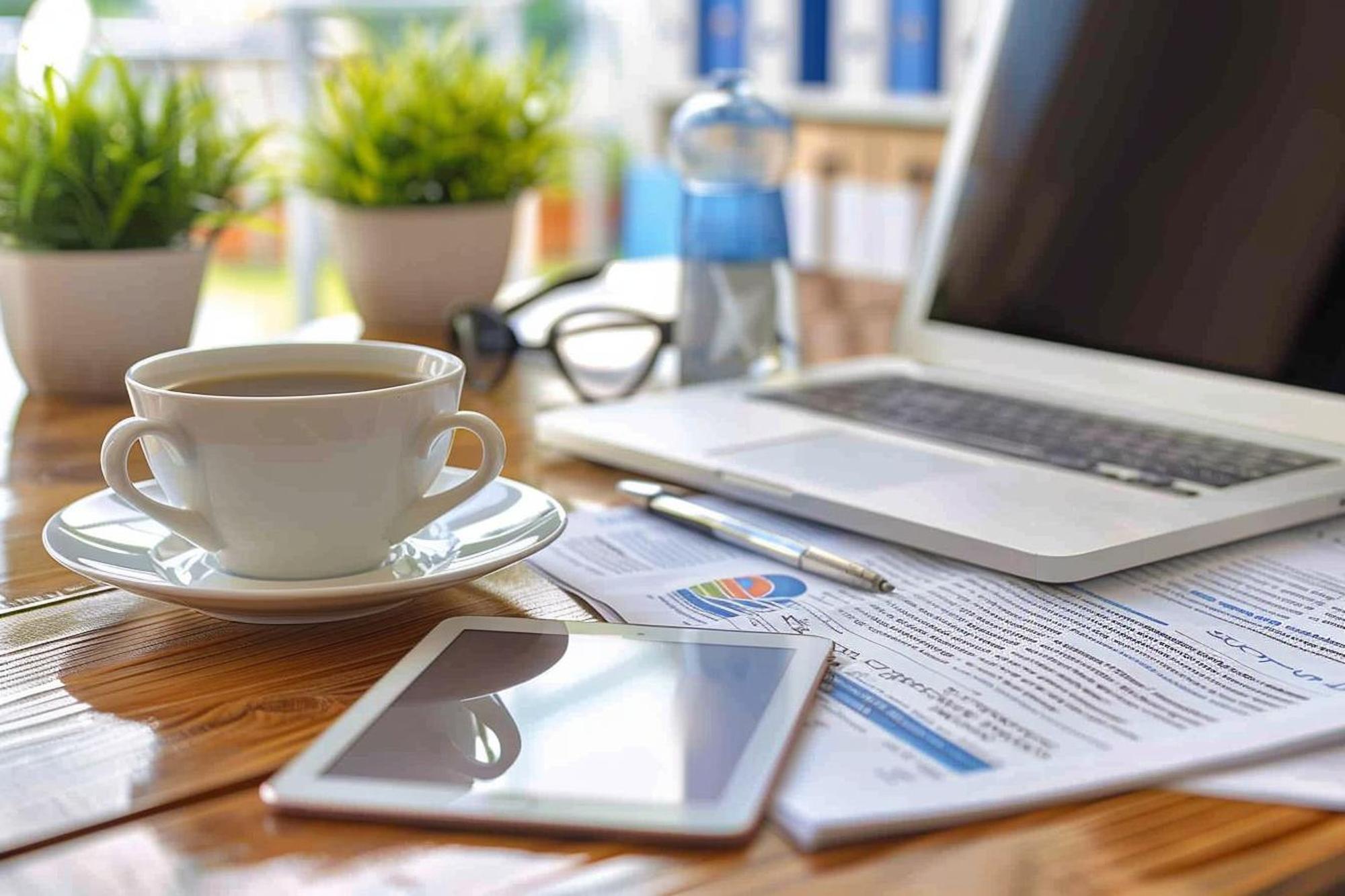 Office desk with reports and a cup of coffee