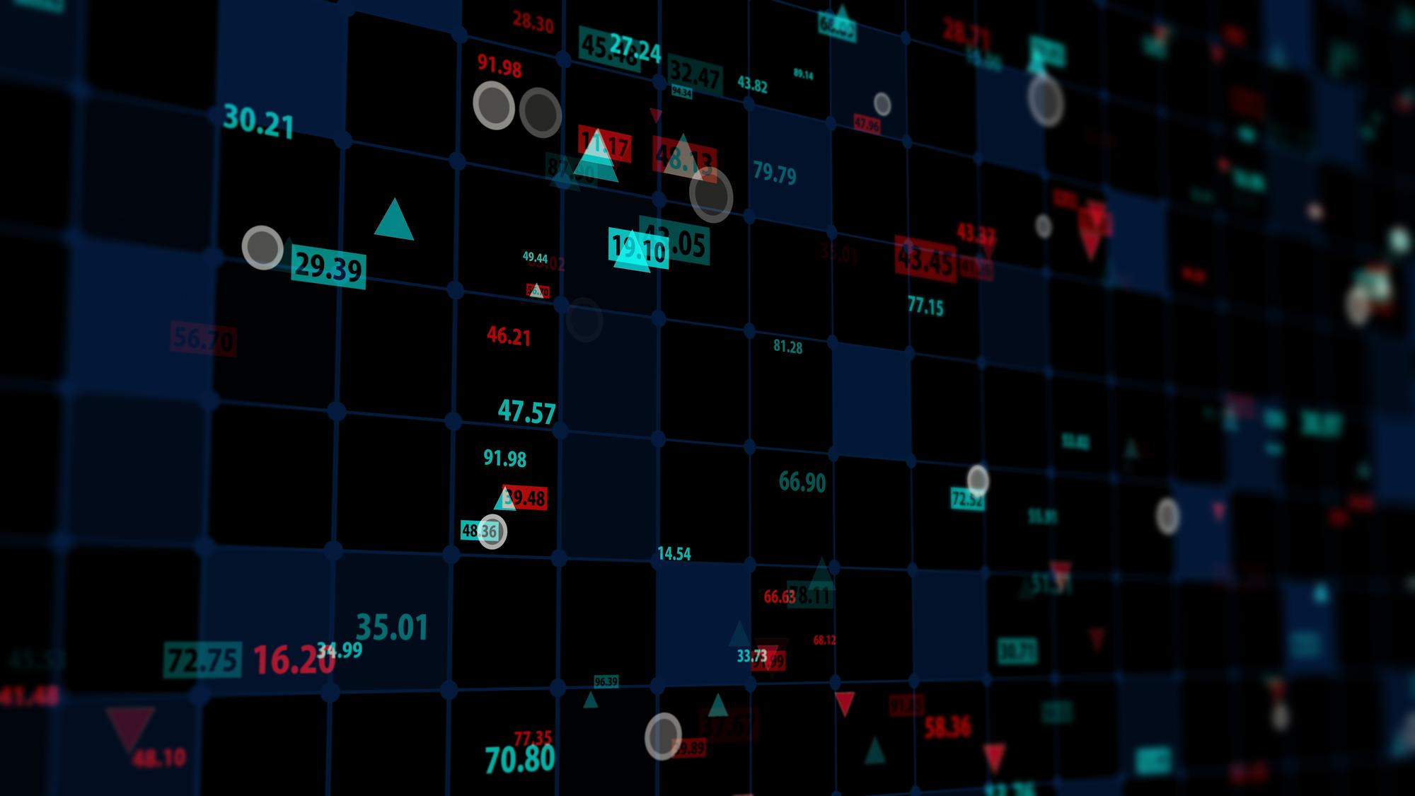 Close up of stock exchange numbers on screen